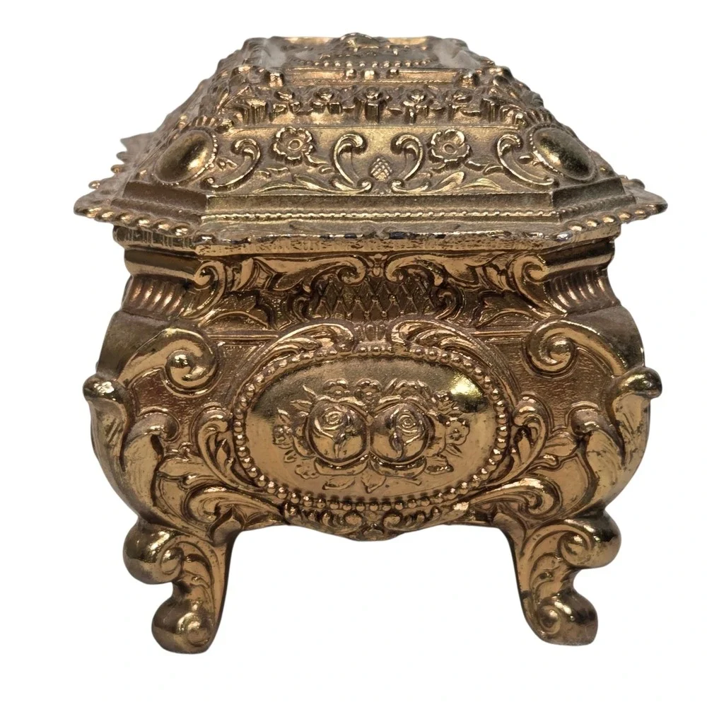 Jewelry Box  Gold Ornate Floral Footed Red Velvet Lining Vintage Heavy vtg